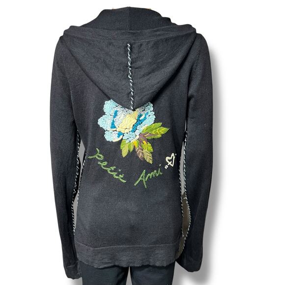 Charlotte Tarantola Womens Silk Angora Sweater Embroidered Hooded Black Medium - Picture 6 of 13